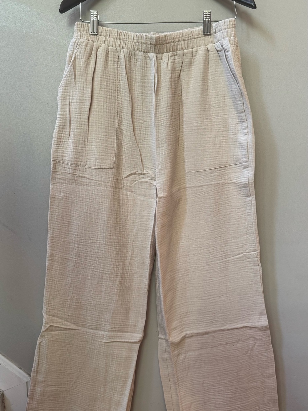Light Beige Cotton Gauze Wide Leg Pants